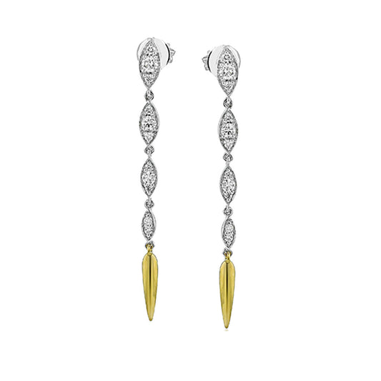 The Simon G. 18K White and Yellow Gold Diamond Drop Earrings feature marquise-shaped silver segments with round diamonds, ending in an elongated gold teardrop tip.