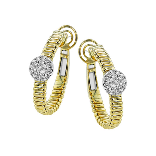 Simon G. 18K White and Yellow Gold Diamond Hoop Earrings feature a ribbed texture, round diamond-like clusters, and rectangular white accents on the hoops.