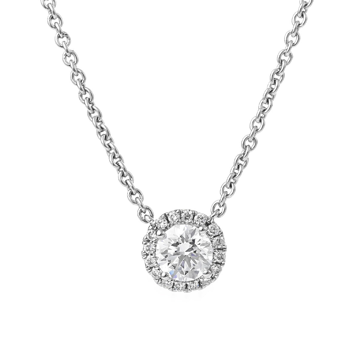 The Raffi&Co.® 14K White Gold Round Brilliant Lab Diamond Necklace Pendant features a breathtaking round brilliant lab diamond as its centerpiece, surrounded by smaller sparkling stones, all gracefully suspended from a delicate chain.