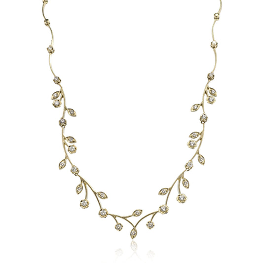 The Simon G. 18K Yellow Gold Diamond Necklace showcases an elegant vine design with small leaf-shaped embellishments and diamond-like stones delicately positioned along the chain, creating a nature-inspired aesthetic. Reflecting Simon G.'s exquisite craftsmanship, it is an ideal addition to any refined jewelry collection.