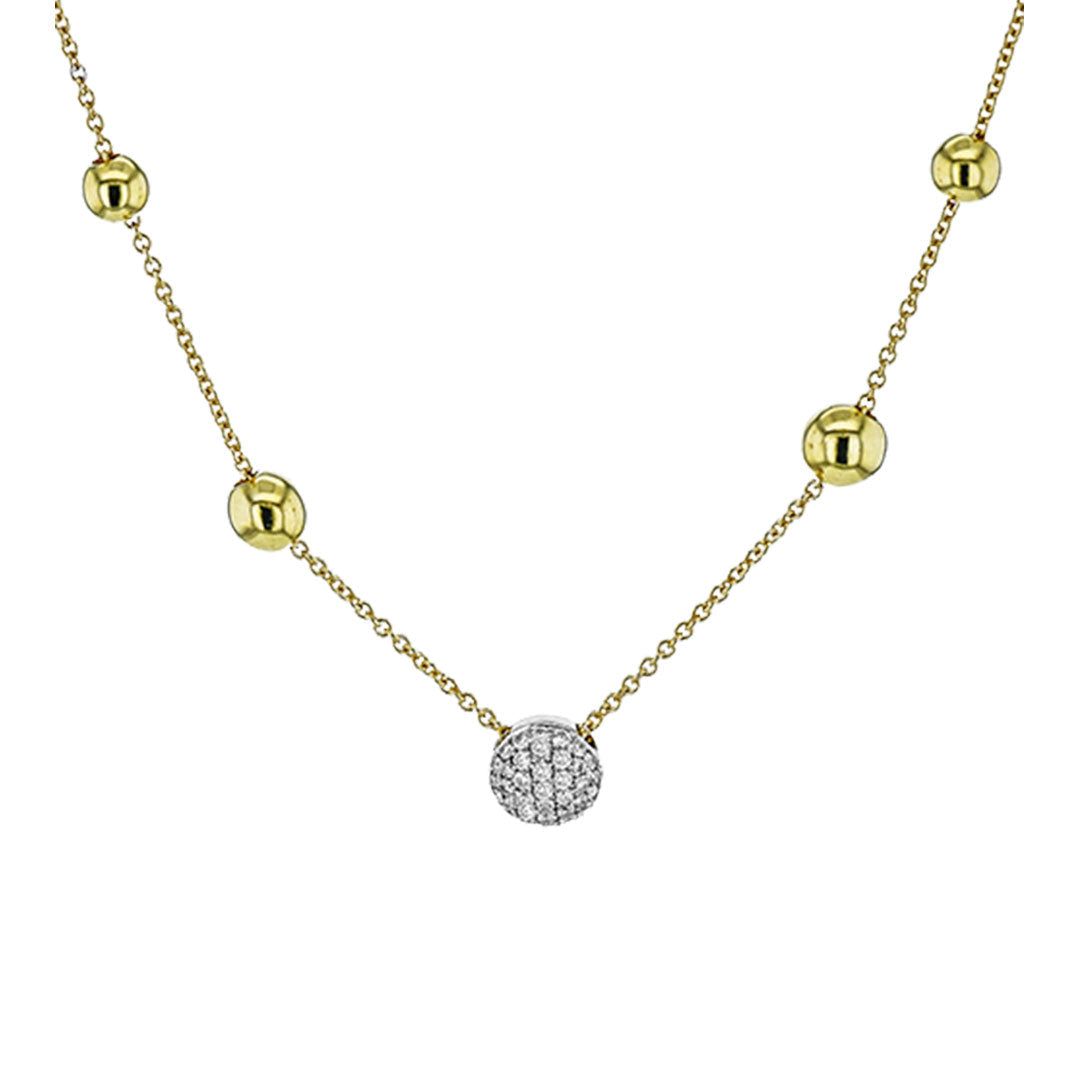 The Simon G. 18K Yellow Gold Diamond Station Necklace features four gold beads and a central round pendant set with sparkling white stones.