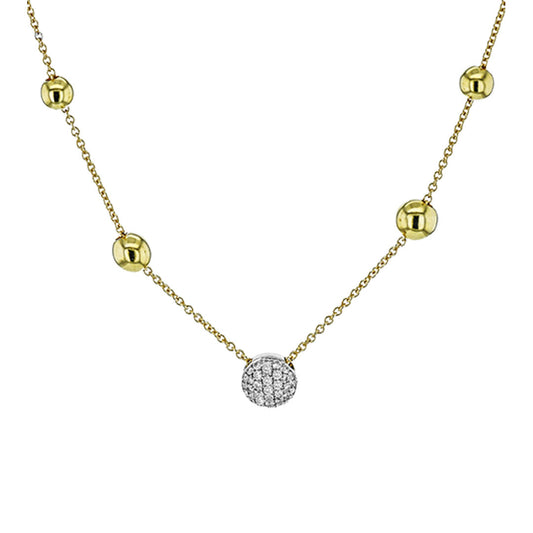 The Simon G. 18K Yellow Gold Diamond Station Necklace features four gold beads and a central round pendant set with sparkling white stones.