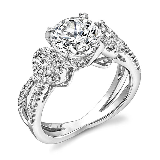 The Simon G 18K White Gold Zirconium with Diamond Ring showcases a stunning engagement band crafted in 18 Karat White Gold. It features a prominent central diamond, enhanced by two smaller clusters of round diamonds totaling 0.92Tdw, with additional smaller gems elegantly embedded along its length for added sparkle.