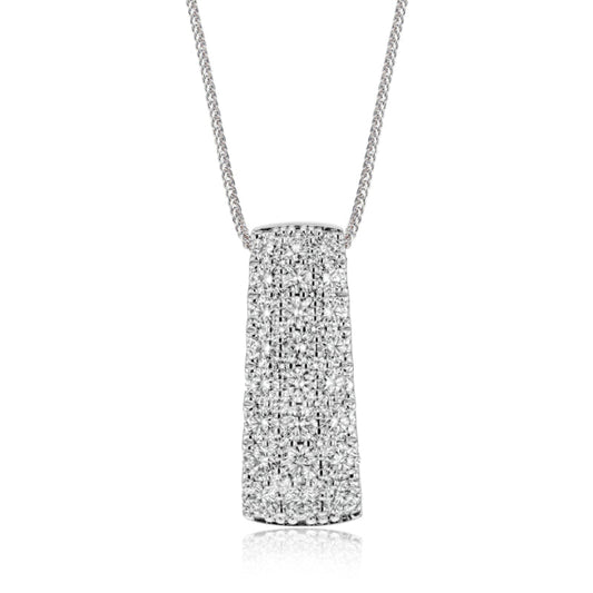 The image features the Simon G. 18K White Gold Diamond Necklace Pendant, which has a rectangular shape that tapers slightly at the top. It is encrusted with small sparkling white diamonds totaling 1.50 ctw, shimmering brilliantly as it hangs from a thin, delicate chain.