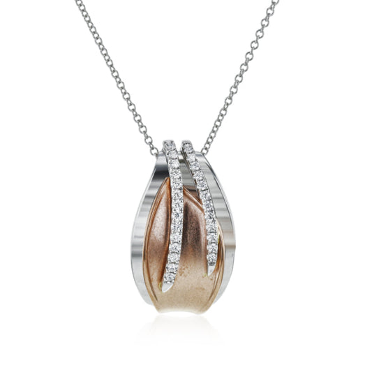 Introducing the Simon G. 18K White and Yellow Gold Diamond Necklace Pendant, featuring a graceful bulb-shaped design with exquisite white and yellow gold elements. Elegantly adorned with two diagonal rows of dazzling diamonds, this piece is beautifully suspended from a delicate silver chain.
