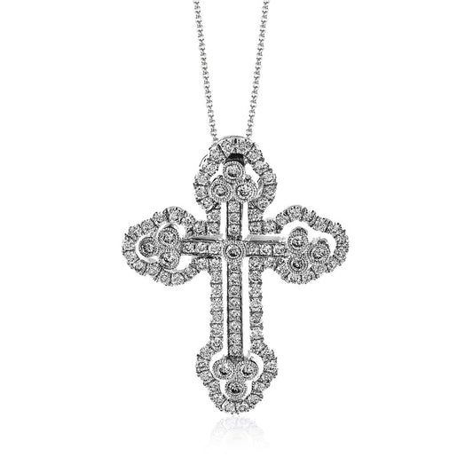 The Simon G. 18K White Gold Diamond Cross Necklace Pendant, featuring a silver cross embellished with small, white diamonds and suspended from a delicate white gold chain, is elegantly displayed against a white background.