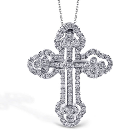 The Simon G. 18K White Gold Diamond Cross Necklace Pendant showcases a classic motif with ornate detailing, featuring round white diamonds arranged in alternating clusters along the edges and inner sections of its intricate design.