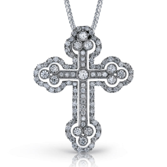 The Simon G. 18K White Gold Diamond Cross Necklace Pendant, crafted by Simon G, showcases intricate Gothic style patterns adorned with white diamonds, elegantly suspended from a sleek silver chain.