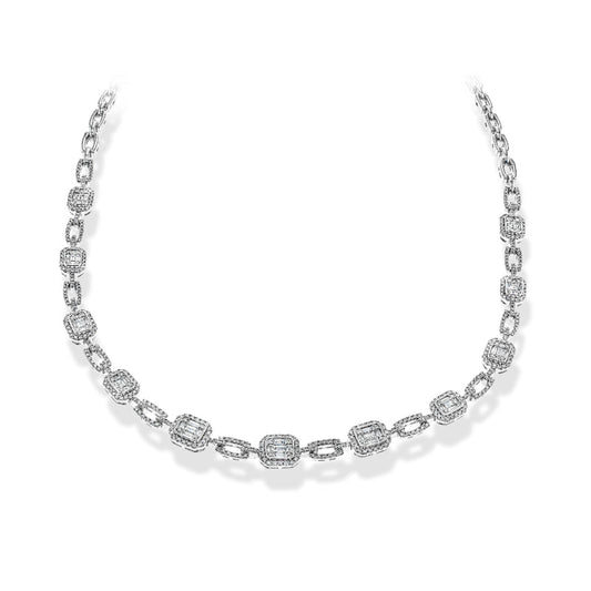 This exquisite Simon G. 18K White Gold Diamond Necklace showcases linked geometric shapes embellished with sparkling stones. With alternating diamond-shaped links and small oval connectors, this design exudes true elegance.