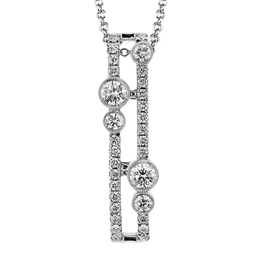 The Simon G 18K White Gold Diamond Necklace Pendant by Simon G features a rectangular design with vertical rows of small diamonds and five evenly spaced larger circular diamonds, all elegantly hanging from a silver chain.