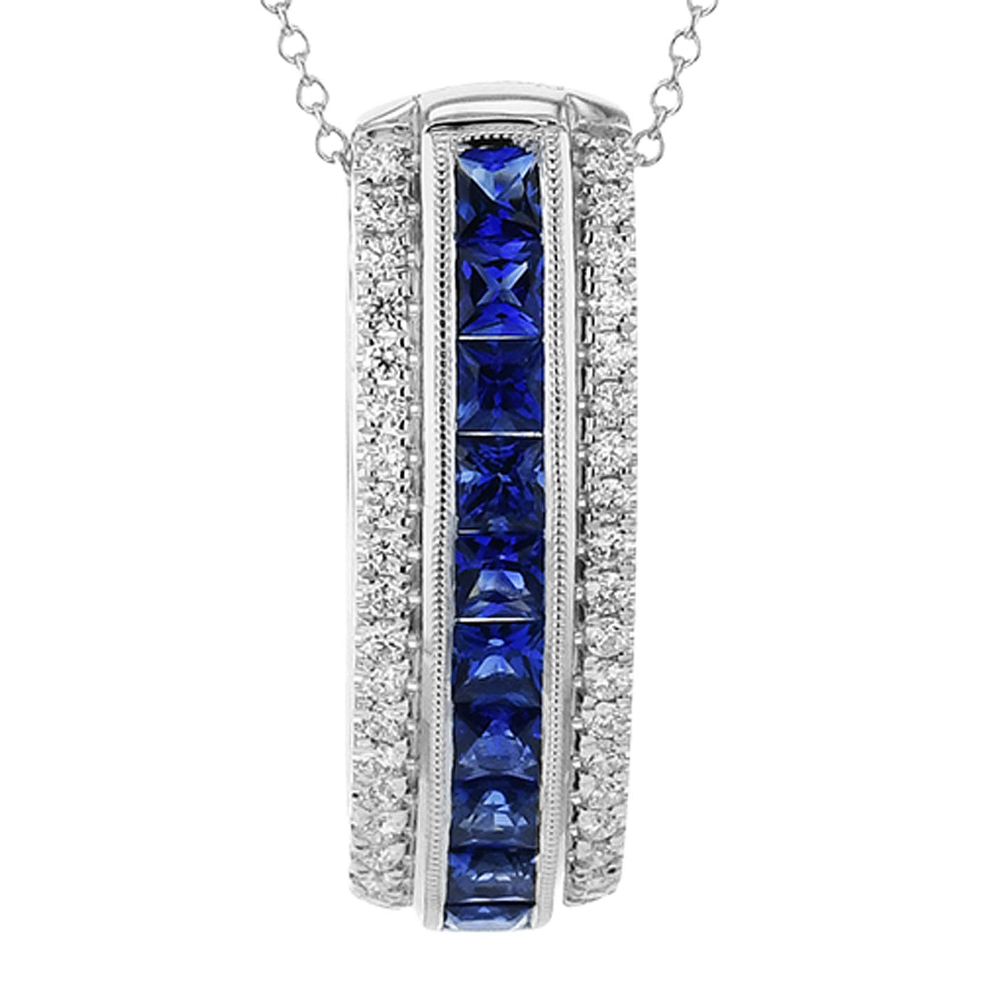 Introducing the Simon G. 18K White Gold Sapphire with Diamond Necklace Pendant: a stunning piece featuring a sleek vertical design that showcases vivid blue princess cut sapphires, elegantly bordered by two rows of sparkling white diamonds, all set on an exquisite silver chain.