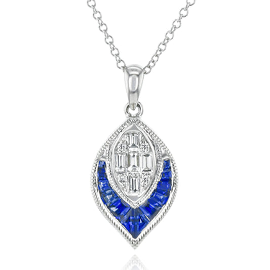 Introducing the Simon G. 18K White Gold Sapphire with Diamond Necklace Pendant, featuring an eye-shaped design. The top boasts a stunning mosaic of diamonds, while the bottom is elegantly set with blue sapphires, all gracefully suspended from a delicate white gold chain by Simon G.