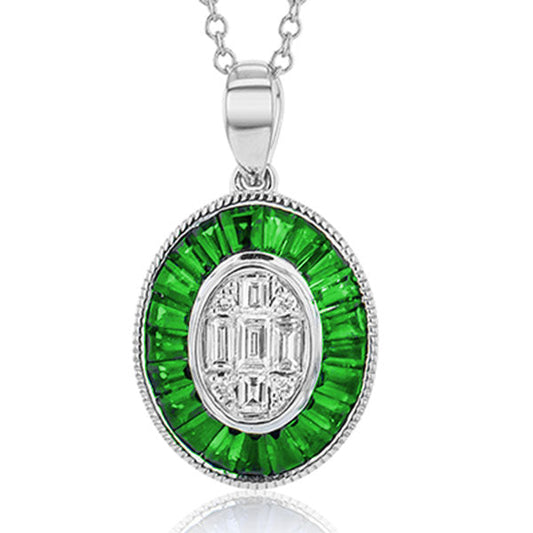 The Simon G. 18K White Gold Necklace features a sophisticated design with an oval pendant adorned with round diamonds at its center, surrounded by a striking border of baguette emeralds.