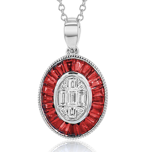 Simon G. 18K White Gold with Baguette Diamond and Ruby Necklace Pendant