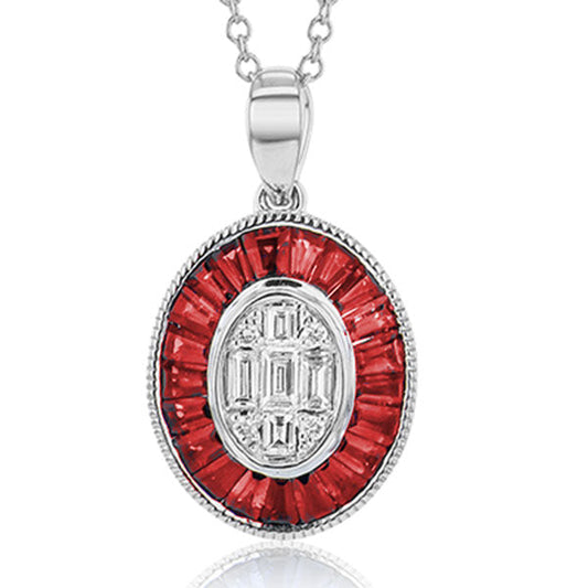 The Simon G. 18K White Gold with Baguette Diamond and Ruby Necklace Pendant elegantly showcases a central oval design adorned with multiple baguette-cut diamonds, encircled by vibrant red stones, all set within an exquisite 18K white gold frame. This stunning pendant gently dangles from a delicate chain, representing the brand's sophisticated artistry.