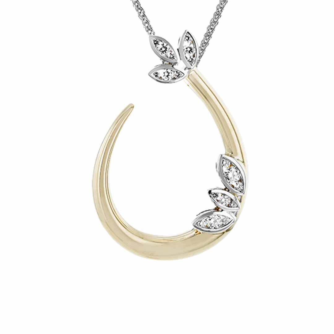 The Simon G. 18K Two Tone Gold Diamond Necklace Pendant, crafted by the renowned brand Simon G, features an exquisite teardrop-shaped pendant with diamond and leaf designs, elegantly suspended on a delicate silver chain.