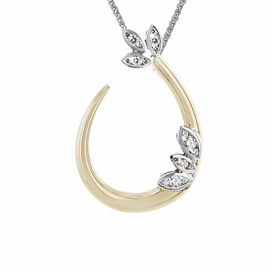 The Simon G. 18K Two Tone Gold Diamond Necklace Pendant, crafted by the renowned brand Simon G, features an exquisite teardrop-shaped pendant with diamond and leaf designs, elegantly suspended on a delicate silver chain.