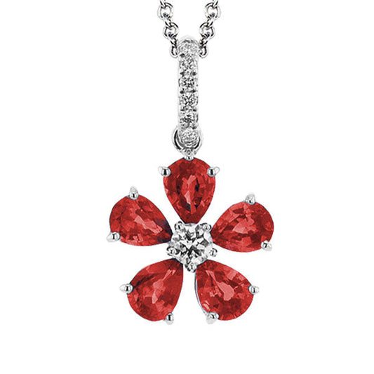 Introducing the Simon G. 18K White Gold Diamond and Ruby Flower Necklace Pendant—a dazzling piece showcasing a flower design. The petals are adorned with red rubies, while the center is highlighted by a sparkling diamond, all gracefully hanging on an 18K white gold chain.