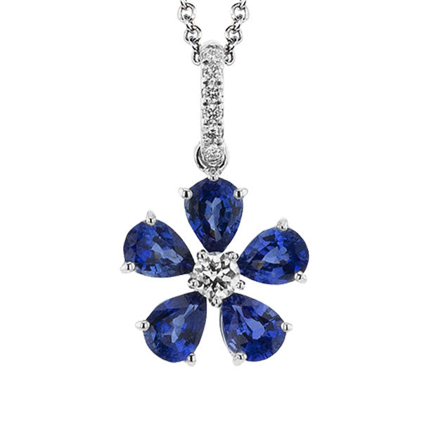 Explore the refined beauty of the Simon G. 18K White Gold Diamond and Sapphire Flower Necklace Pendant. This exquisite piece from Simon G. showcases a captivating round diamond surrounded by five blue teardrop-shaped sapphires, all elegantly set in 18K white gold for a look of timeless allure.