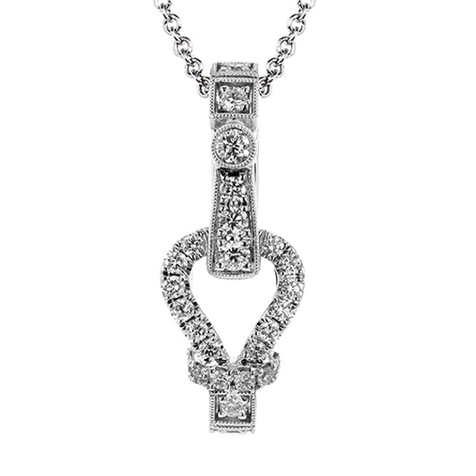The Simon G. 18K White Gold Diamond Necklace Pendant by Simon G is a heart-shaped piece crafted from 18-karat white gold, adorned with numerous small round diamonds hanging from a delicate chain. This pendant features intricate design details, including circular diamond accents at the top and bottom.