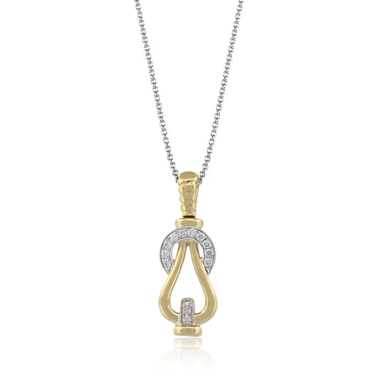 This Simon G. 18K White and Yellow Gold Necklace Pendant boasts an abstract, looped design that sparkles with intricate textured details and metallic accents, adorned with round diamonds, all elegantly suspended from an 18-karat fine chain.