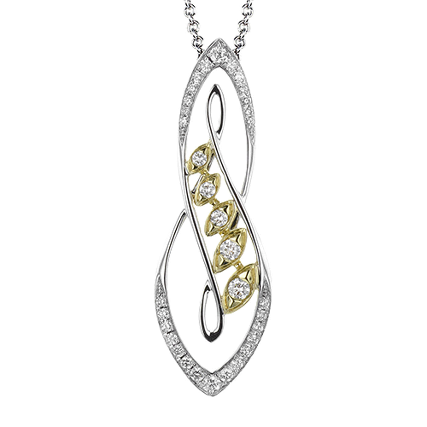 The Simon G. 18K White and Yellow Gold Diamond Necklace Pendant exhibits an elongated oval design with a central twisted pattern, incorporating five small round diamonds arranged vertically and accentuated by 18 karat gold details, all elegantly suspended from a delicate chain.