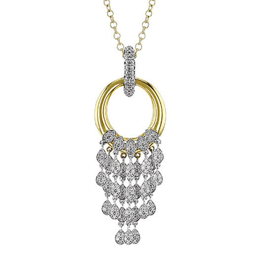 The Simon G. 18K White and Yellow Gold Diamond Necklace Pendant showcases a design with two intertwined rings, from which a tiered chandelier of sparkling round diamonds elegantly cascades, embodying an intricate and sophisticated style.