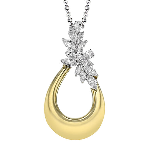 The Simon G. 18K Yellow and White Gold Diamond Necklace Pendant features a graceful teardrop shape elegantly suspended from a chain, embellished with a cluster of dazzling marquise-cut diamonds at the top, showcasing an elegant and sophisticated design.