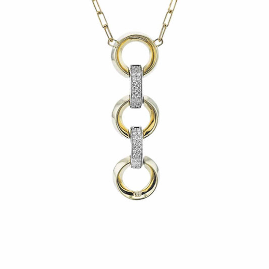 Explore the Simon G. 18K Yellow Gold Diamond Necklace Pendant featuring an elegant chain accented by three interconnected pendants. Each circle alternates between gold and silver tones, with the silver sections embellished with diamonds for a sophisticated sparkle.