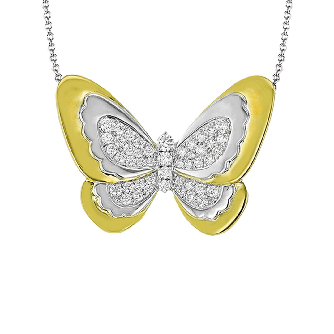 The Simon G. 18K White and Yellow Gold Diamond Butterfly Necklace Pendant features sparkling round diamonds in an intricate butterfly design, elegantly suspended from a delicate chain.