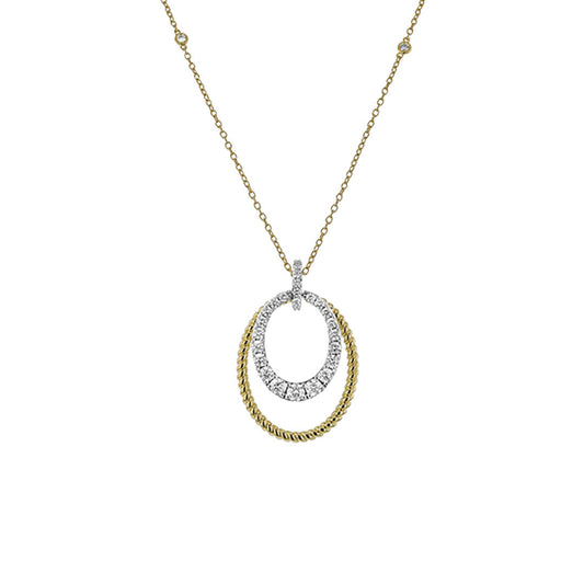 The Simon G. 18K White and Yellow Gold Diamond Necklace Pendant features two interlocking ovals—one twisted yellow gold, the other white gold adorned with sparkling round diamonds.