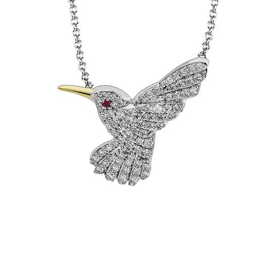 The Simon G. 18K White and Yellow Gold Diamond and Ruby Flying Bird Necklace Pendant features a hummingbird with diamond accents, a gold beak, and a ruby eye.