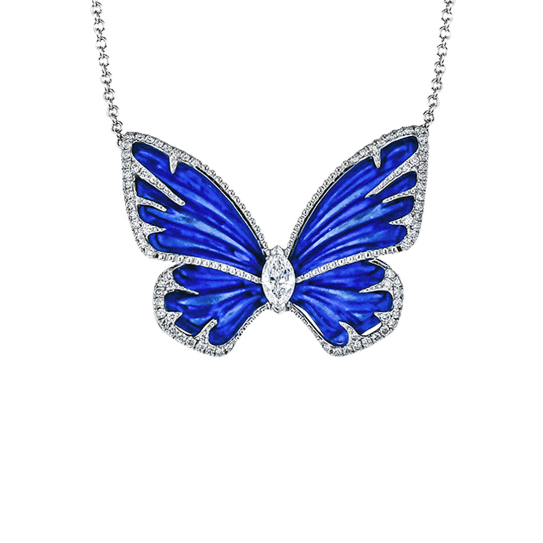The Simon G. 18K White and Yellow Gold Diamond and Sapphire Butterfly Necklace Pendant features a butterfly design with blue sapphire wings, diamond outlines, and a marquise-cut gemstone at the center for added brilliance.