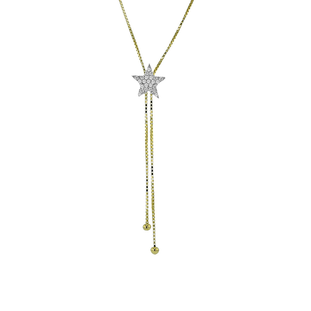 The Simon G. 18K White and Yellow Gold Diamond Star Lariat Necklace features a star-shaped diamond pendant with two chain drops ending in beads, beautifully crafted by Simon G and shown on a white background.