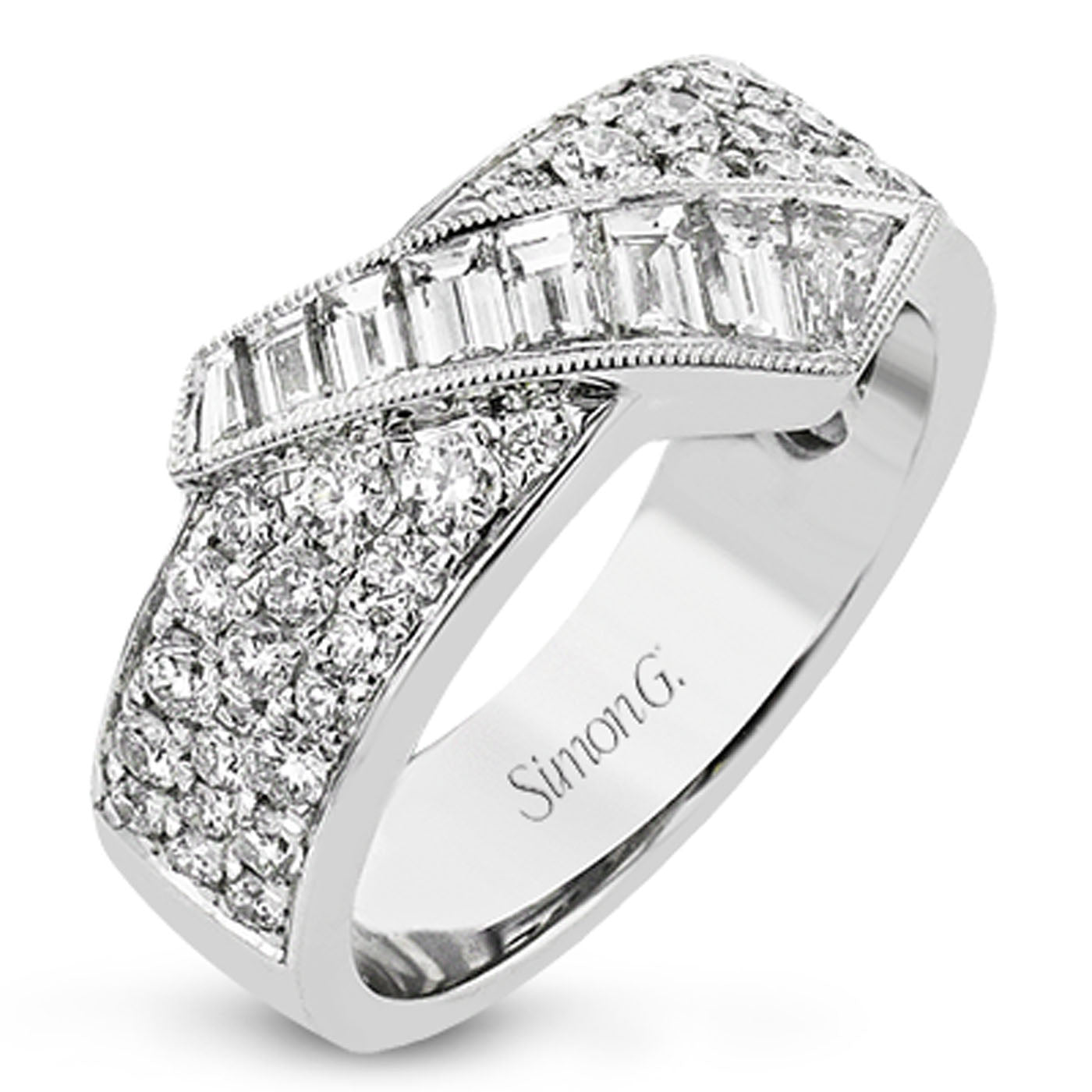 Introducing the exquisite Simon G. 18K White Gold Diamond Fashion Ring, a breathtaking statement piece. This silver ring showcases a distinctive criss-cross design embellished with rows of small round diamonds along the sides and a central row of striking baguette-cut diamonds, all elegantly set in 18K white gold. Additionally, the interior is engraved with "Simon G.