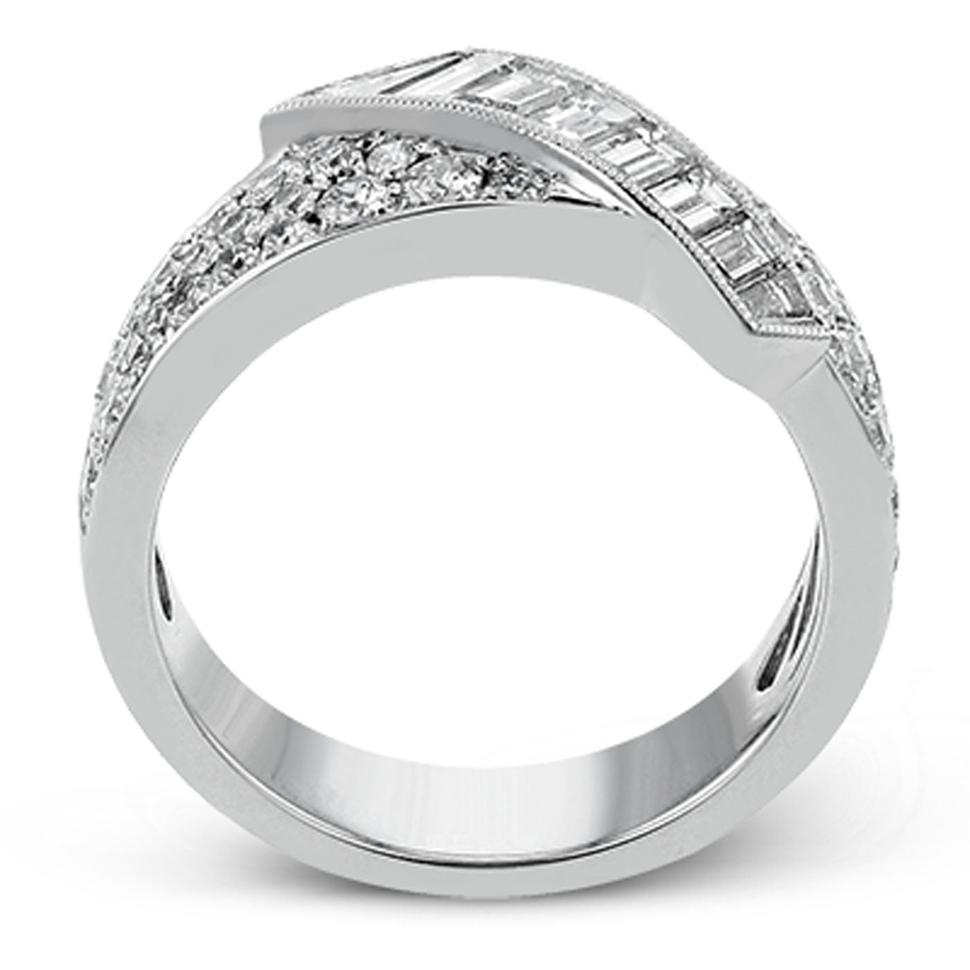 Introducing the Simon G. 18K White Gold Diamond Fashion Ring, a captivating statement piece embellished with square and round diamonds, showcasing a contemporary overlapping band design.