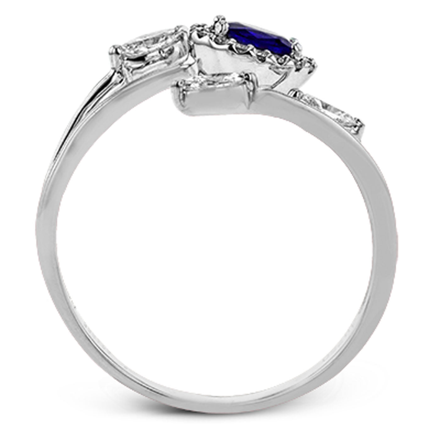 The Simon G. 18K White Gold Sapphire with Diamond Fashion Ring features a stunning sapphire as its focal point, accented by delicate diamonds on either side. Displayed from a side view against a white background, the ring exudes elegance and timeless charm.