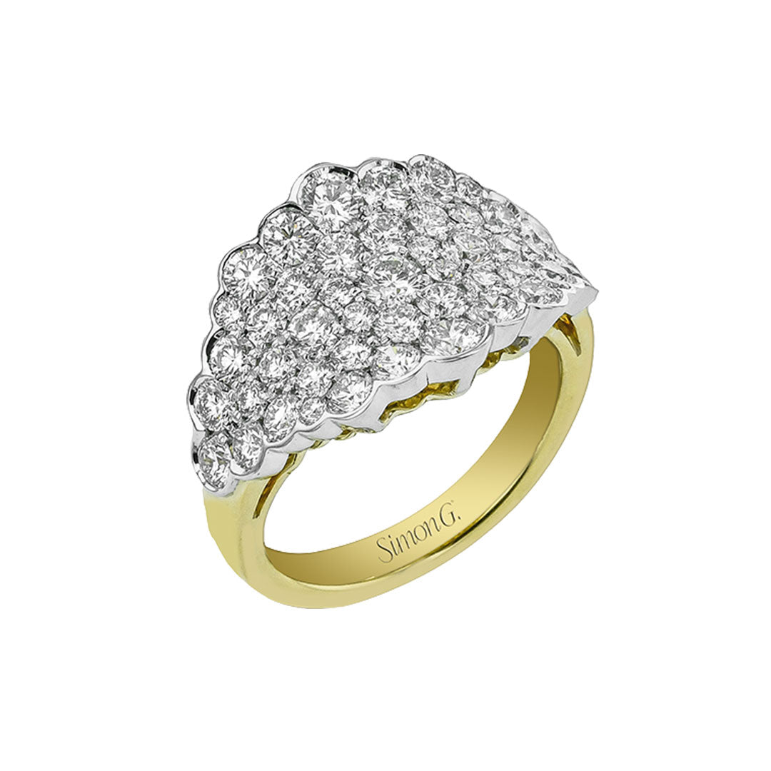 The Simon G. 18K White and Yellow Gold Diamond Fashion Ring features a wide, curved cluster of round diamonds in a scalloped two-tone gold top, with "Simon G." engraved inside the band.