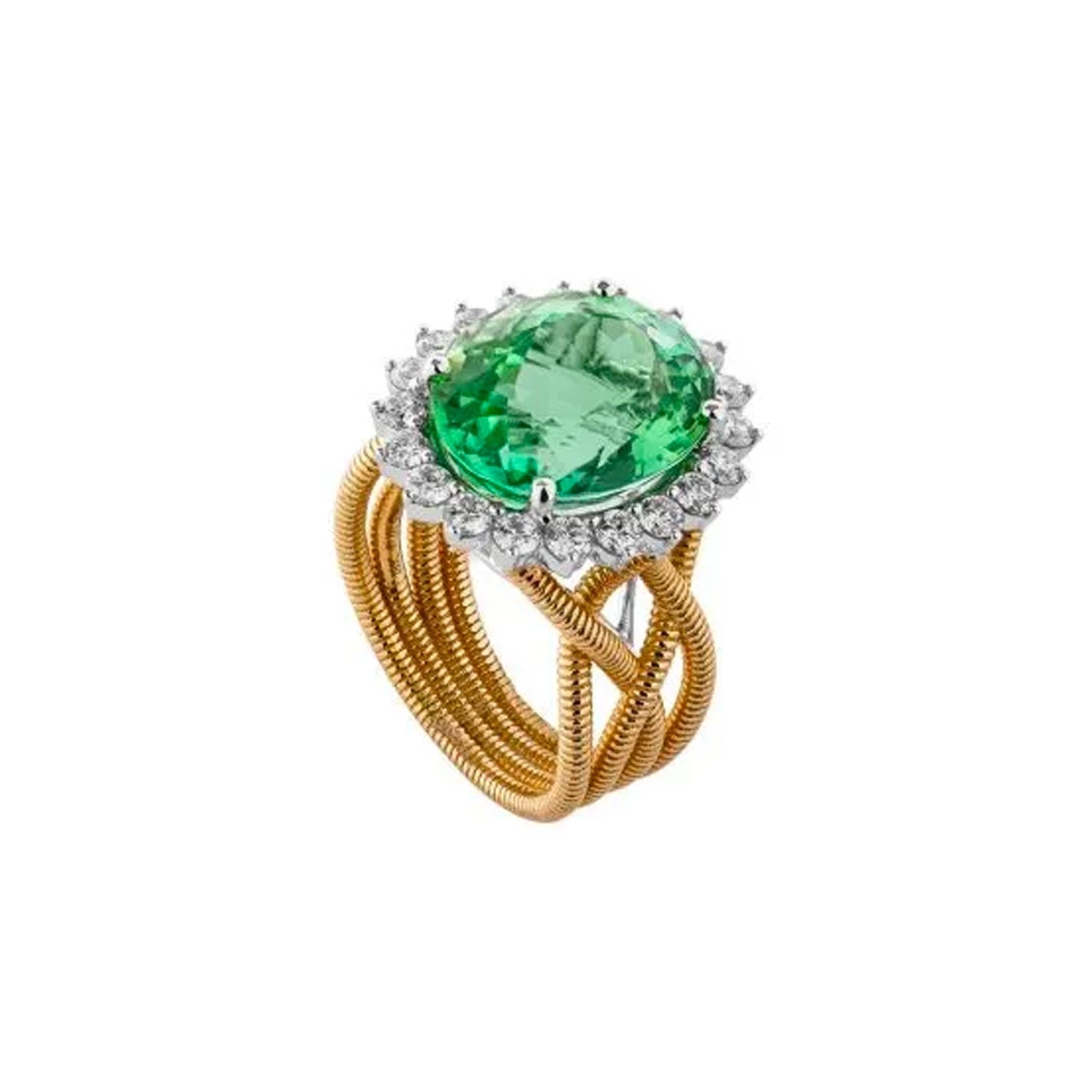 The Simon G. 18K Yellow Gold Tourmaline with Diamond Fashion Ring features a captivating round green gemstone, beautifully set in a braided gold band design and surrounded by a halo of small, sparkling diamonds.