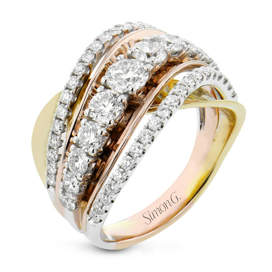 Introducing the Simon G. 18K Multi-Colour Gold Diamond Fashion Ring, a luxurious piece from Simon G. This statement ring flaunts multiple intertwined bands crafted in yellow, rose, and white gold. It is adorned with sparkling round and oval diamonds that beautifully enhance its elegant and sophisticated design. The ring is engraved with "Simon G." for an added touch of exclusivity.