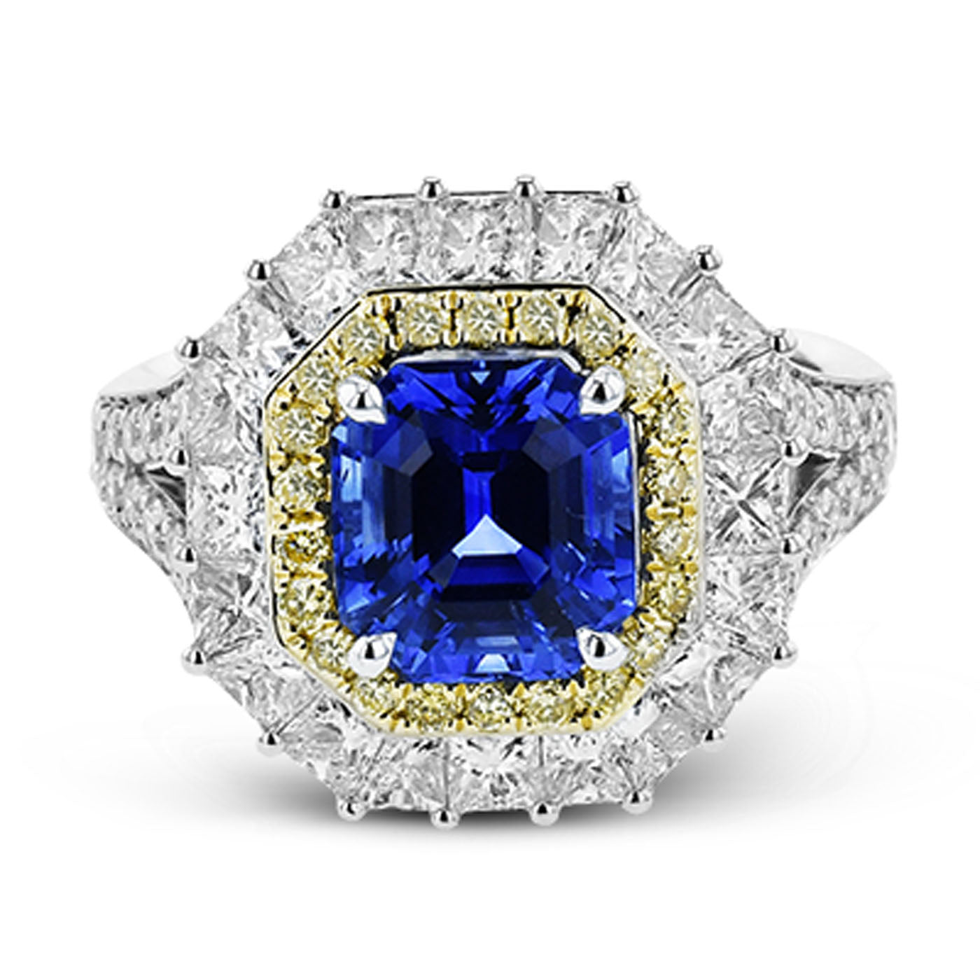 This exquisite Simon G. 18K White and Yellow Gold Sapphire with Diamond Fashion Ring showcases a stunning princess-cut sapphire at its heart, encircled by a radiant halo of yellow and white diamonds, all elegantly set in a meticulously crafted gold band.