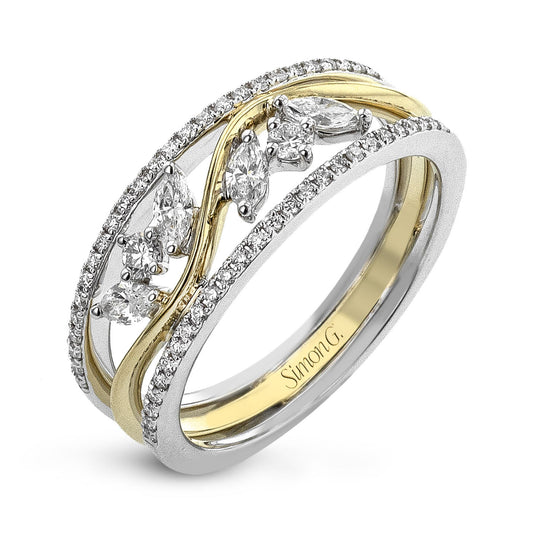 The Simon G. 18K Yellow and White Gold Diamond Fashion Ring is an elegant piece that showcases intertwined gold and silver bands adorned with small round diamonds. The design is further enhanced by larger marquise-cut diamonds elegantly set along the gold band.