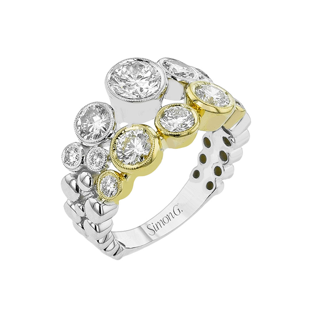 The Simon G. 18K White and Yellow Gold Diamond Fashion Ring features multiple round diamonds of varying sizes set in a cluster pattern, with "Simon G." engraved on the band.