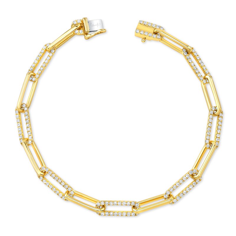 A 14K yellow gold bracelet featuring round, sparkling diamonds by Uneek, complete with a secure clasp. The paperclip chain links are sequentially connected, offering a luxurious and elegant design—truly the epitome of a luxury accessory.