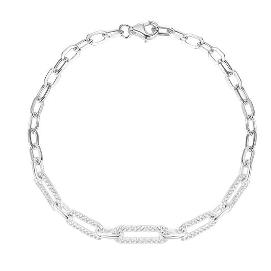 This breathtaking Uneek 14K white gold diamond paperclip chain bracelet showcases elongated links adorned with small round diamonds, elegantly arranged in a circular design against a pristine white backdrop.