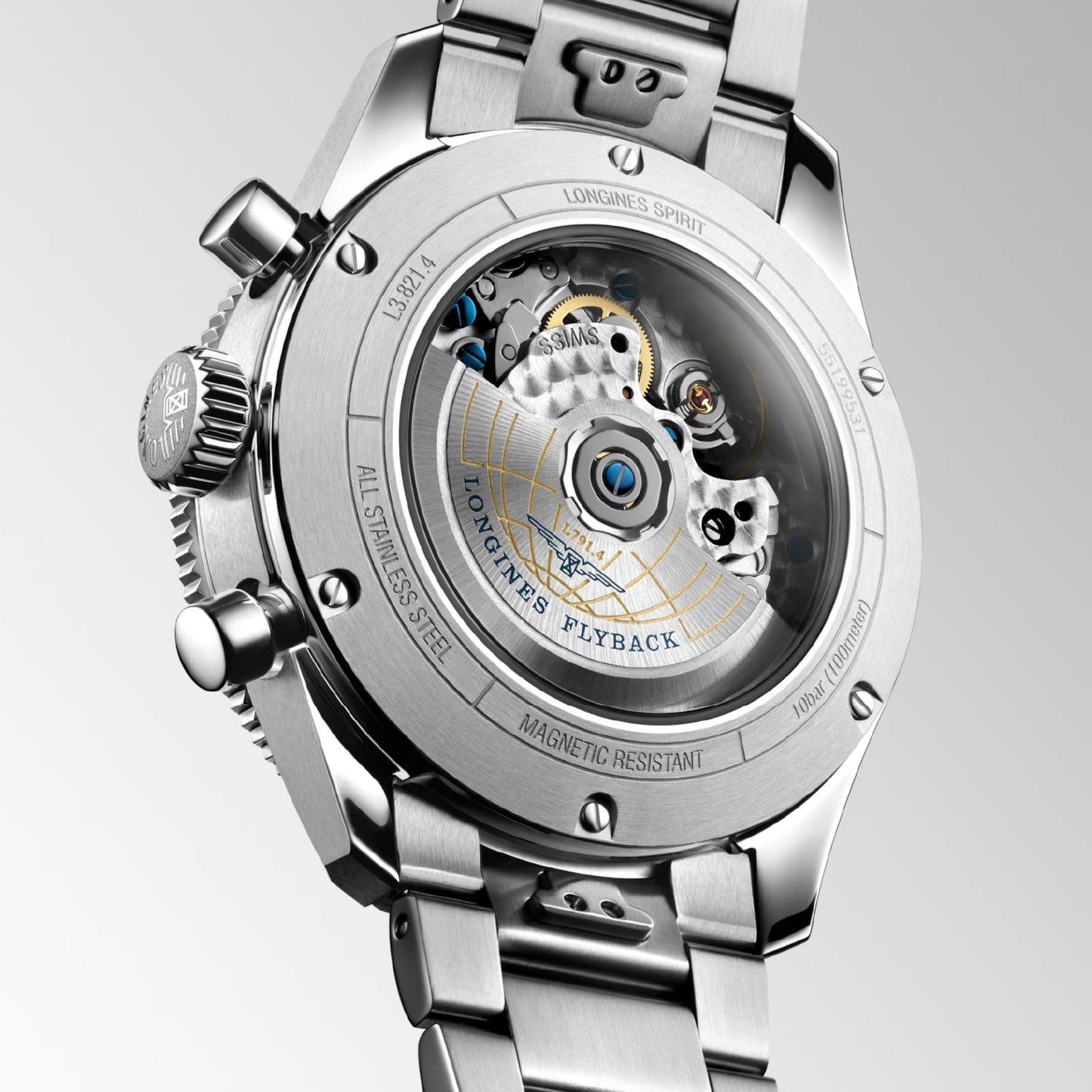 Close-up of the Longines Spirit Flyback Automatic Chronograph 42mm Watch, highlighting its stainless steel wristband and transparent case back that showcases intricate mechanical movements. This piece pays homage to legendary pioneers, embodying the elegance synonymous with the Longines brand and its winged hourglass symbol.