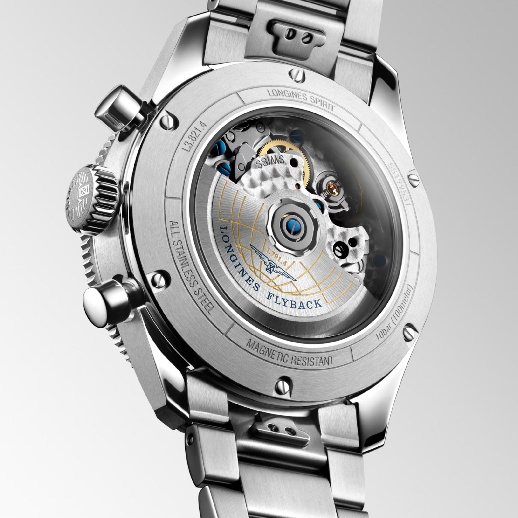 Close-up of the Longines Spirit Flyback Automatic Chronograph 42mm Watch, highlighting its stainless steel wristband and transparent case back that showcases intricate mechanical movements. This piece pays homage to legendary pioneers, embodying the elegance synonymous with the Longines brand and its winged hourglass symbol.