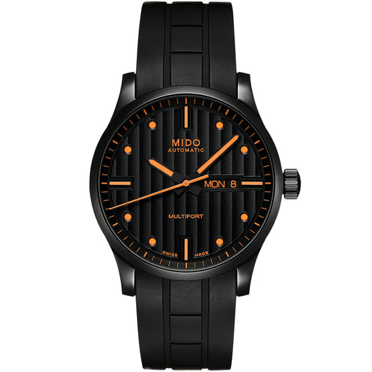 The MIDO Multifort Gent Automatic 42mm Watch features a black dial with orange hands and markers, a day-date display on the right, and a black rubber strap.