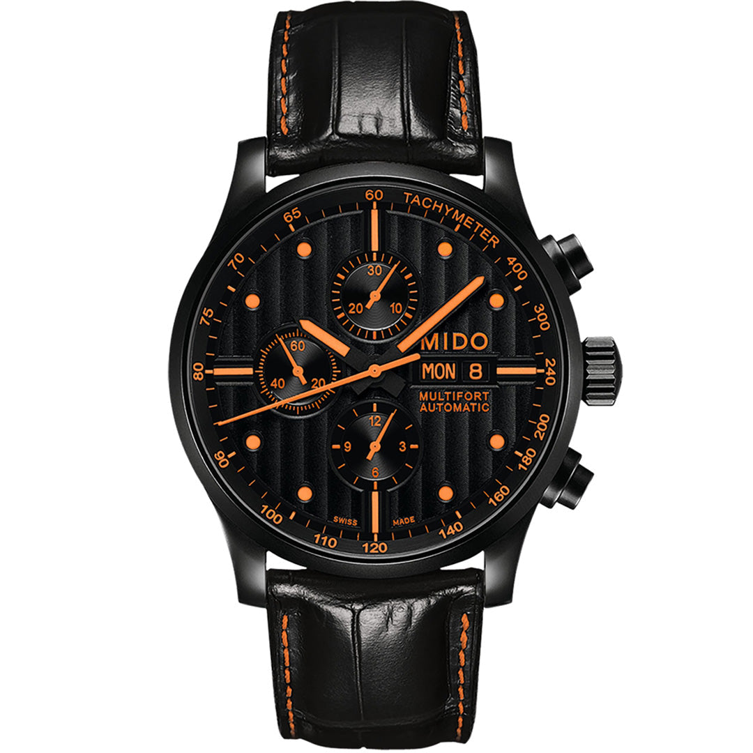 The MIDO Multifort Chronograph Special Edition Automatic 44mm features a black dial with orange accents, tachymeter, three subdials, day-date display, and a black leather strap with orange stitching.