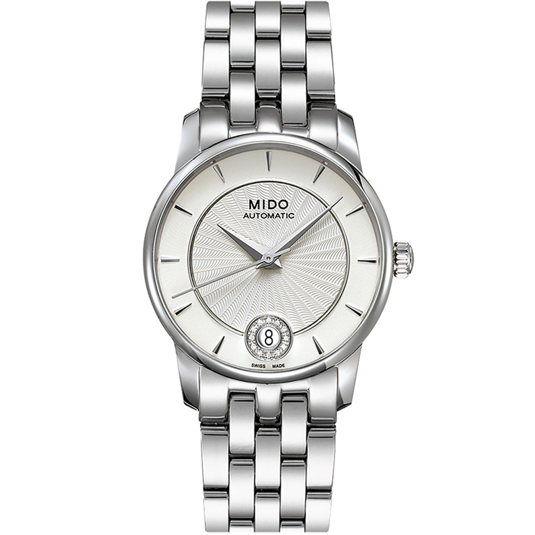 The MIDO Baroncelli II Lady Diamonds Automatic 33mm Watch features a round white patterned dial, slim markers, date at 6 o'clock, and a polished silver metal bracelet.